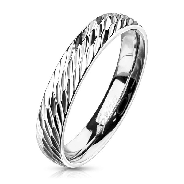 Bungsa .316L Stainless Steel Diagonal Diamond Cut Ring / Sizes