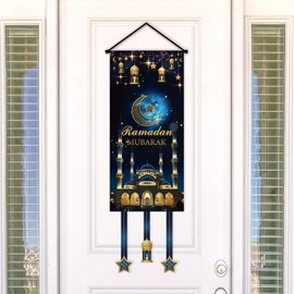 OTTPOOM Ramadan Mubarak Banner Blue Ramadan Door Decorations Hanging Welcome Banner Sign for Holiday Party Supplies Home Office Decor