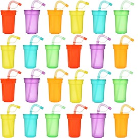 ALINK Kids Neon Sipper Cups Tumblers with Lids and Straws - 24 Pack 380 ml Plastic Iced Water Drinking Cups,BPA Free Reusable Plastic Tumbler for Party Childrens Smoothie Cup Travel Mugs