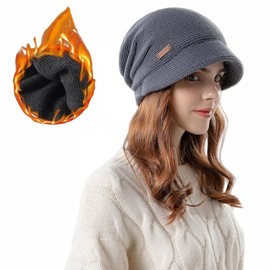 Siganorpy Women Winter Knitted Beanie Hat Stretchy Slouchy Cap with Visor Warm Fleece Lined Skull Cap for Cold Weather Brim Fleece Liner 55-60 cm (Grey)