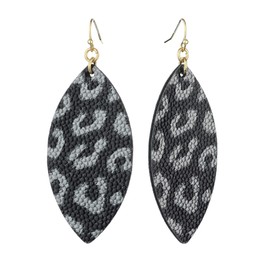 Women's Faux Leather Textured Pattern Elongated Oval Dangle Pierced Earrings, Leopard Black
