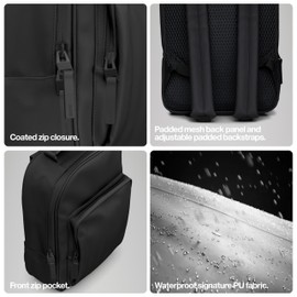 RAINS Book Daypack - Black Laptop Backpack for Men and Women, Waterproof Black Minimalist Commuter Bag with 15” Laptop Room, Front Zip Pocket - 2 Year Warranty