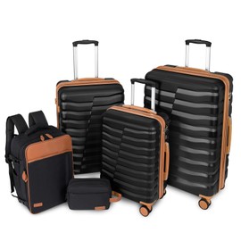 WireHot 5-Piece Lightweight Luggage with Backpack Sets, ABS+PC Hard Shell Suitcase with TSA Lock & YKK Zipper (Black Brown, 20in/24in/28in/BP/TB)