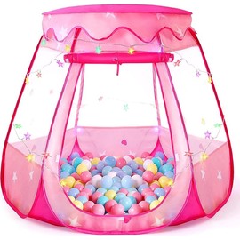 Mother's Day Gift Princess Pop Up Tent with Colorful Star Lights, Foldable Ball Pit for 1-3 Years Old, Indoor & Outdoor Play, Carrying Bag Included - Color: Pink