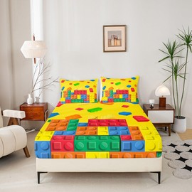 Feelyou - Juego de sábanas bajeras con estampado de bloques de construcción, tamaño queen, estilo ladrillo, para niños, adolescentes, juego de sábanas coloridas, juego de sábanas amarillas, decoración