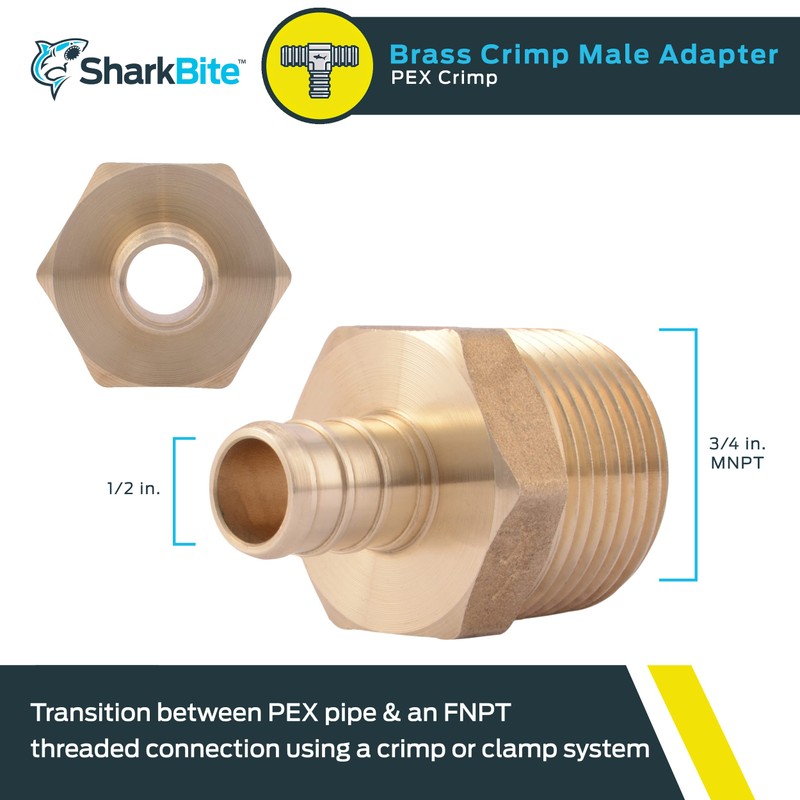 SharkBite 1/2 x 3/4 Inch Crimp MNPT Male Adapter, Brass