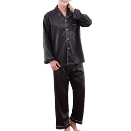 Wowcarbazole Men's silk Satin Pajamas Set Long/short Sleeve Button-Down Sleepwear with front pocket(Black-XS)