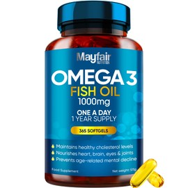 Omega 3 1000mg Capsules - 365 Fish Oil Tablets with EPA & DHA - One a Day - Supports Heart, Vision, & Brain Health - 1 Year Supply - Made in UK