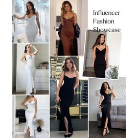 Popilush Corset Dress Built in Shapewear - Formal Dress for Women Deep V Neck Maxi Slip Bridesmaid Dresses for Wedding Pure Black