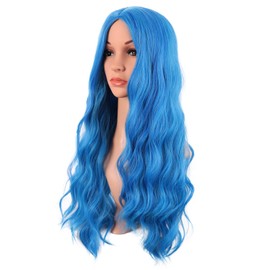 MapofBeauty 28 Inch/70 cm Long Wavy Middle Part with No Bangs Synthetic Fiber Curly Fashion Women Party Cosplay Wig (Mixed Vivid Blue)