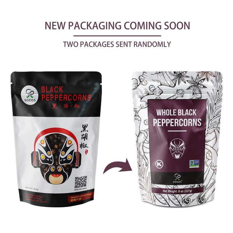 Soeos Black Peppercorns, 8oz (Pack of 1), Non-GMO, Kosher, Packed