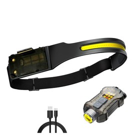 KENO Outdoor Camping Induction Headlamp Type-C Charging, Hiking Strong Light Outdoor Camping Fishing Night Running Lighting Headlamp Flashlight 2-in-1 (XW005-Black)