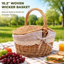 10.2 Inch Picnic Basket with Lid Woven Wicker for Garden Outdoor