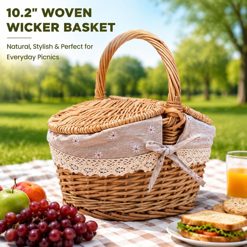 10.2 Inch Picnic Basket with Lid Woven Wicker for Garden