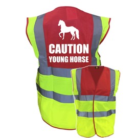 Equestrian Caution Young Horse Hi Viz Vis Vest Horse Riding Reflective Waistcoat Jacket Road Safety Visibility Yellow/Red X-Large