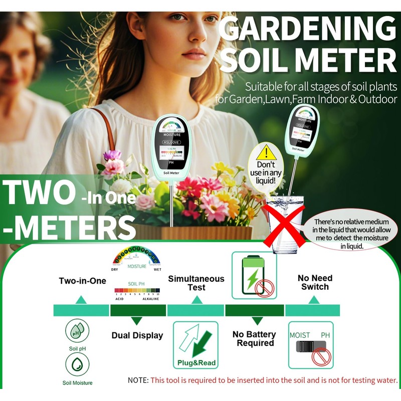 HSLGOVE Soil Test Kit, 2-in-1 Soil Moisture Meter/Soil PH Meter,