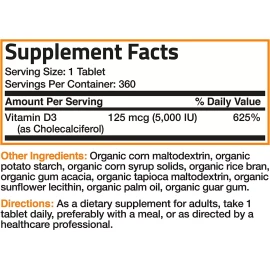 Bronson Vitamina D3 Orgánico Premium 5,000iu 360 Tabletas Eg D81