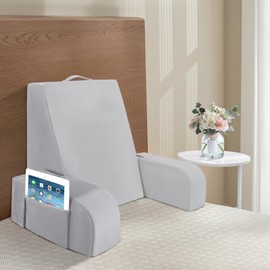 LEBENGURU 20" Bed Reading Pillow for Sitting in Bed Adult, Upgrade Backrest Support Pillow with Armrest Strap-on, Bed Chair Pillow with Removable Cover and Pocket for Relaxing, Reading, or Watching TV