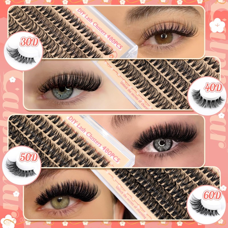 calphdiar Cluster Lashes 30D+40D+50D+60D Individual Eyelashes 480PCS Wispy Lashes Individual