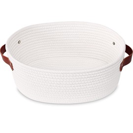 ABenkle Small Woven Basket, Cute Small Basket, Rope Room Shelf Storage Basket, Cat Dog Toys Basket Chest Box, Empty Decorative Gift Basket with Leather Handles, 11.4"x 7.48" x 5.1"