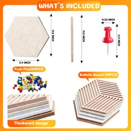 12'' Medium Hexagon Felt Cork Board Tiles Alternative, 10 Pcs Self-Adhesive Cork Bulletin Board Tiles with 50 Colorful Pushpins, Frameless Corkboard Sound Absorbing Pin Boards for Walls & Photos