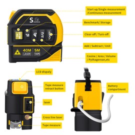 4-in-1 Laser Tape Measure with Laser Level Crosshairs |130ft/40m Laser Distance+16ft/5m AutoLock Tape |Backlit LCD Display (Ft/Inch/M/mm) |for DIY,Construction, Interior Design (Yellow/131Ft)