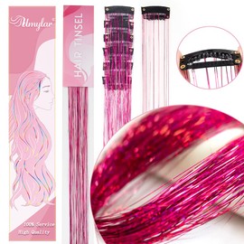 Hair Tinsel Pack of 12 Pcs Clip in Hair Tinsel 20 Inch Glitter Rose Red Tinsel Hair Extensions, Festival Tinsel Fairy Hair Extension Party Dazzle Hair Accessories Strands Kit (12Pcs,Rose Red#)