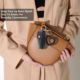 2 Pcs Lip Balm Keyring Lip Balm Holder Keychain Keyring, Portable Leather Holder Lipstick Holder with Metal Key Ring for Travel Holiday (Black, Pink)