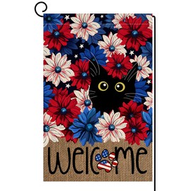 BLKWHT 4th of July Floral Cat Garden Flag 12x18 Vertical Double Sided Welcome Spring Summer Farmhouse Holiday Outside Decorations Burlap Yard Flag BW820