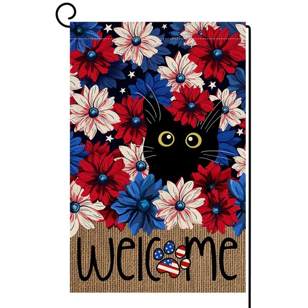 BLKWHT 4th of July Floral Cat Garden Flag 12x18 Vertical