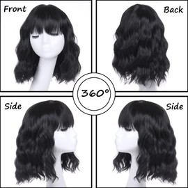 Leeven Curly Bob Wig with Bands 12 Inch Black Synthetic Wigs Natural Wavy Wig Heat Resistant Shoulder Length Hair Wig for Women Girls Cosplay Party Costumes(1B#)