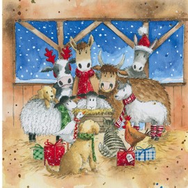 Paperhouse Box of 20 Artistic Charity Christmas Cards - 'Cows in Woolly Hats and The Nativity' - 20 Cards, 10 Each of 2 Lovely Designs - The Farmyard Capers Range