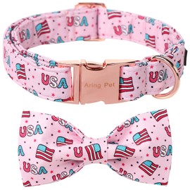 ARING PET 4th of July Dog Collar-Cotton Pink USA Patriotic Dog Collar with Bow, Adjustable American Flag Dog Collar Puppy Collars for Small Medium Large Dogs