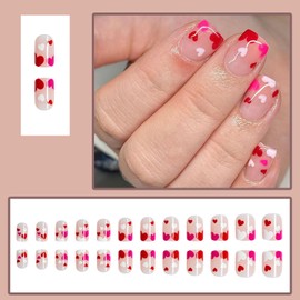 24 Pcs Press on Nails Square Short - ZIFANHU Ombre Fake Nails Press ons Full Cover Acrylic Glossy False Nails with Cute Heart Design Glue on Nails stick on nails for Women Nail Kit