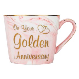 Happy Homewares Beautifully Designed 50th Anniversary Grey and Pink Marble 12oz Ceramic Mugs with Golden Metal Trim