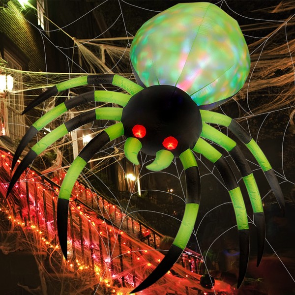 Prsildan Halloween Inflatable Spider, 6 Ft Blow up Decoration with Colorful LED Lights and Red Glowing Eyes for Outdoor Indoor Garden Lawn Yard (Green)