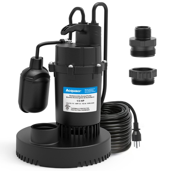 Acquaer 1/3 HP Sump Pump, 3040 GPH Submersible Clean/Dirty Water