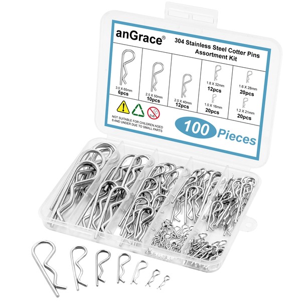 100PCS Cotter Pins Assortment Kit, 6 Sizes Hardware Pins 304