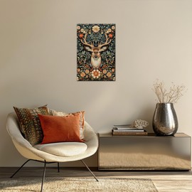 TIMUBA William Morris Reindeer Wall Art Framed - William Morris Vintage Botanical Floral Animal Wall Art For Living Room, Art Nouveau Wall Art Canvas Print Wrapped, Pine Wood Frame 18''x24''