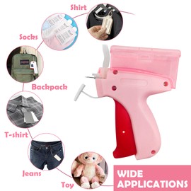 Quick Clothing Fixer, Retail Label Gun Kits, Mini Stitch Gun for Clothing, Hemming Sewing Tool Kit with 5 Needles, 600 White and Black Rubber Needles, Pink Gun Handle with Box