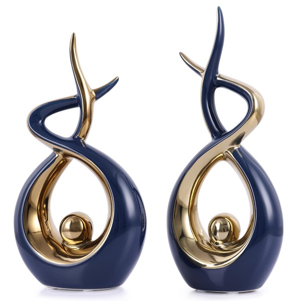 PlivBloom Gold Blue Abstract Ceramic Modern Sculpture, Knick Knacks Statues