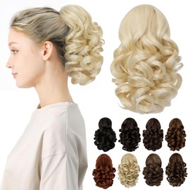 Cephermer Ponytail Extension, 9" Claw Clip in Short Curly Wavy Pony Tails Hair Extensions Jaw Clip on Ponytail Hairpiece for Women Bleach Blonde