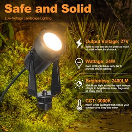 85.3FT LED Outdoor Landscape Spot Light Low Voltage, 24W Wired Uplight with Transformer, IP65 Waterproof Outside Plug-in lighting for Garden House Yard Tree Pathway, Warm White 3000K, Pack of 8