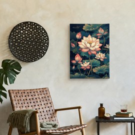 Nitelat Vintage Chinese Lotus Flower Wall Art, Pink Lotus Floral Canvas Wall Art Decor for Home Living Room Bedroom, Floral Botanical Canvas Pictures for Wall Decor, 11x15 Inch