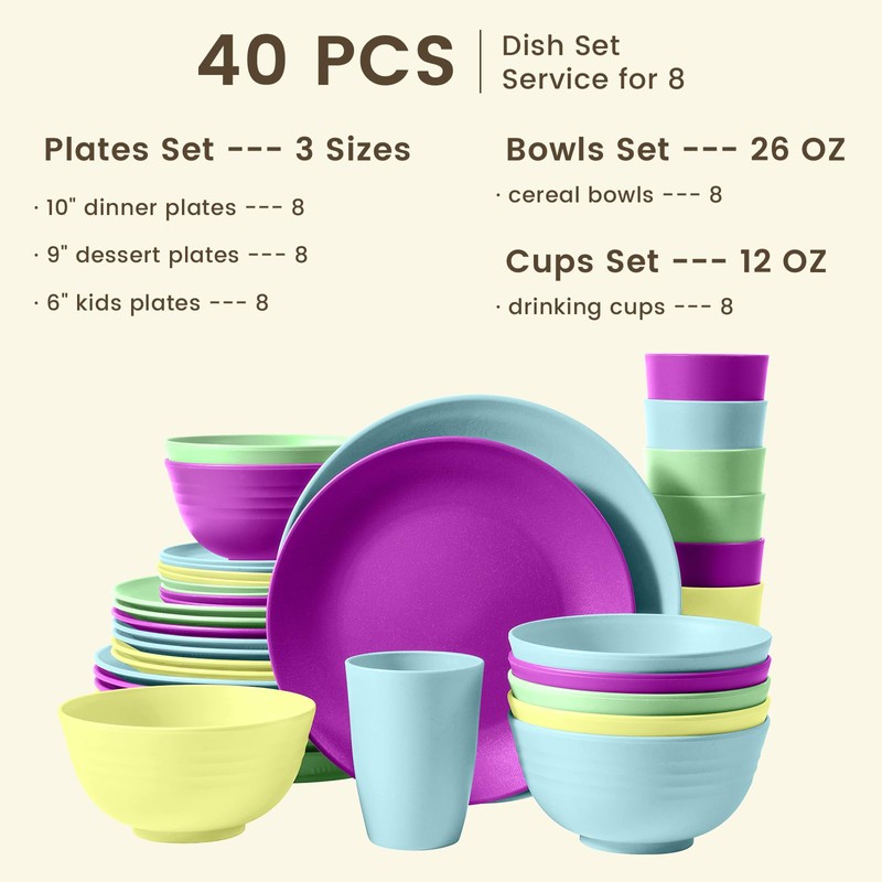 Homienly 40-Piece Kichen Dinnerware Set, Wheat Straw Dinnerware Set, Plates,