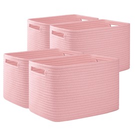 OIAHOMY 4 Pack Storage Baskets for Organizing, Cube Storage Bins for Shelves, Rectangle Storage Baskets With Handles, Woven Baskets for Storage, 12.7''Lx9''Wx7.8''H, Pink