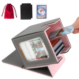 YLjindoia MTG Deck Box for Commander Display, PU Leather MTG Card Storage Box Holds 100 Double-Sleeved Cards, TCG Card Deck Box with 2 Dividers, 1 Drawstring Bag and 1 Toploader(Grey&Pink)