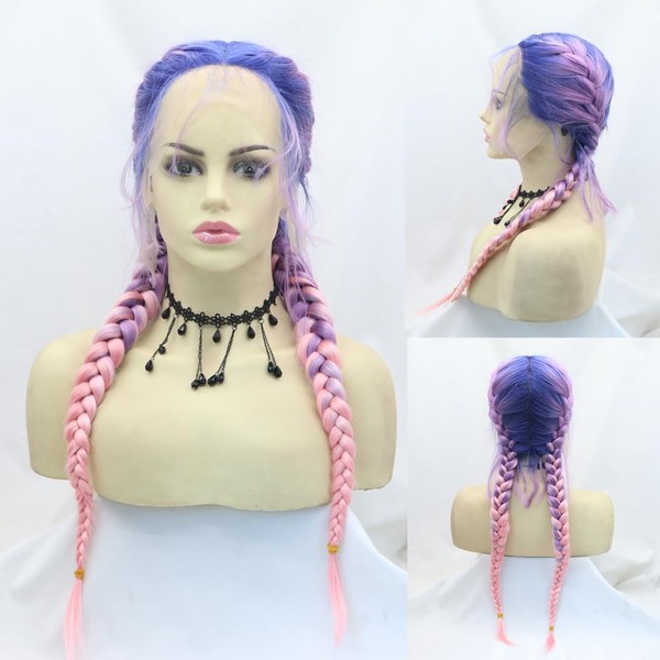 Angle Lucky Blue Pink Double Braided Wig Handmade Braided Lace Front Wig Blue Mix Pink Synthetic 2 Twist Braids with Baby Hair Heat Resistant Fiber Middle Part Wigs for Women Cosplay
