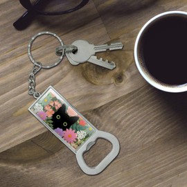 GRAPHICS & MORE Black Cat Hiding in Spring Flowers Keychain Rectangle Chrome Plated Metal Bottle Cap Opener