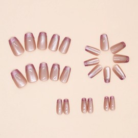 BABALAL French Tip Press on Nails Medium Square Fake Nails Purple Glue on Nails Cat Eye Design Shiny Acrylic Nails 24Pcs Glossy Squoval Manicure Artificial False Nails Press on